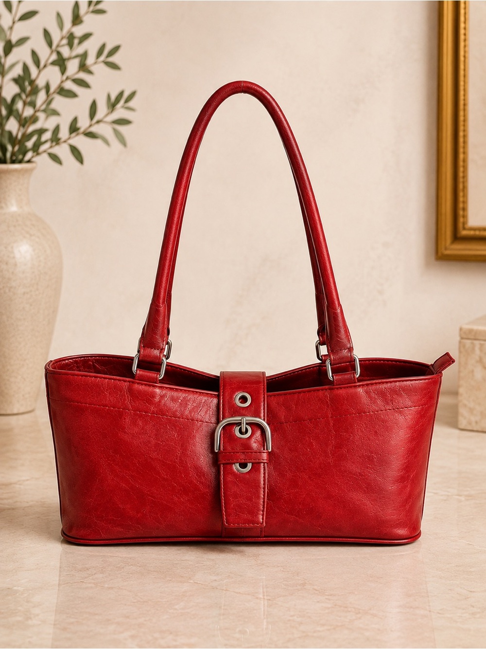 Y2K Torrens Red Faux Leather Buckle East West Shoulder Bag Vintage 2000s